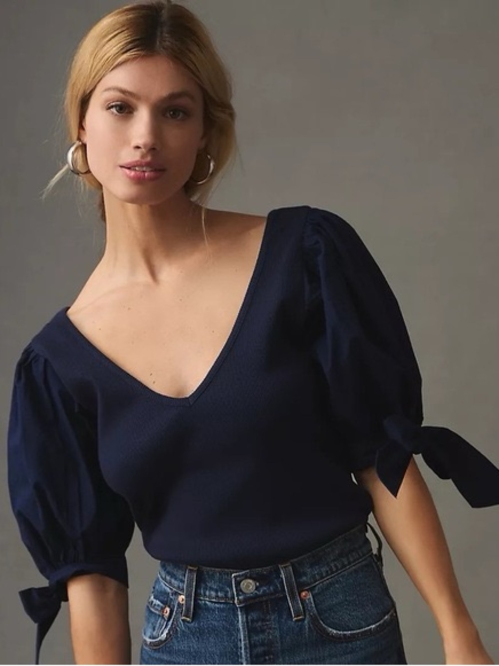 Maeve Navy Puff-Sleeve V-Neck Top